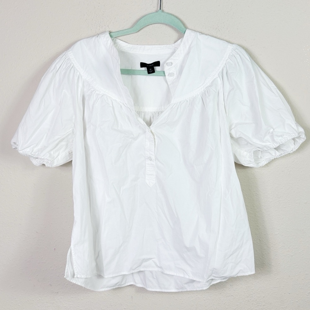 J. Crew Puff Sleeve Poplin Popover Top in White Partial Button Down size Medium